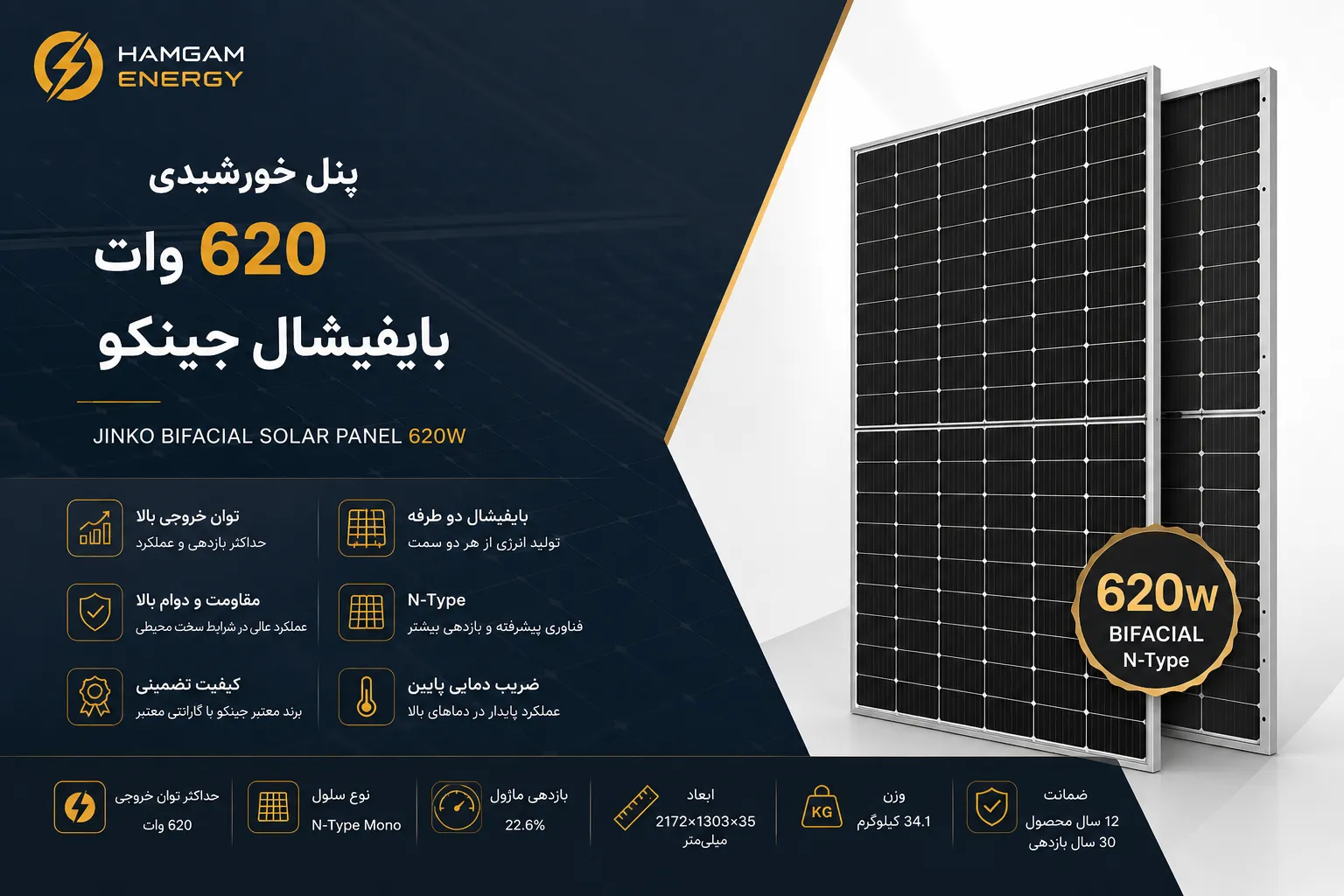 620 Watt Bifacial Ginkgo Solar Panel پنل خورشیدی 620 وات بایفیشال جینکو