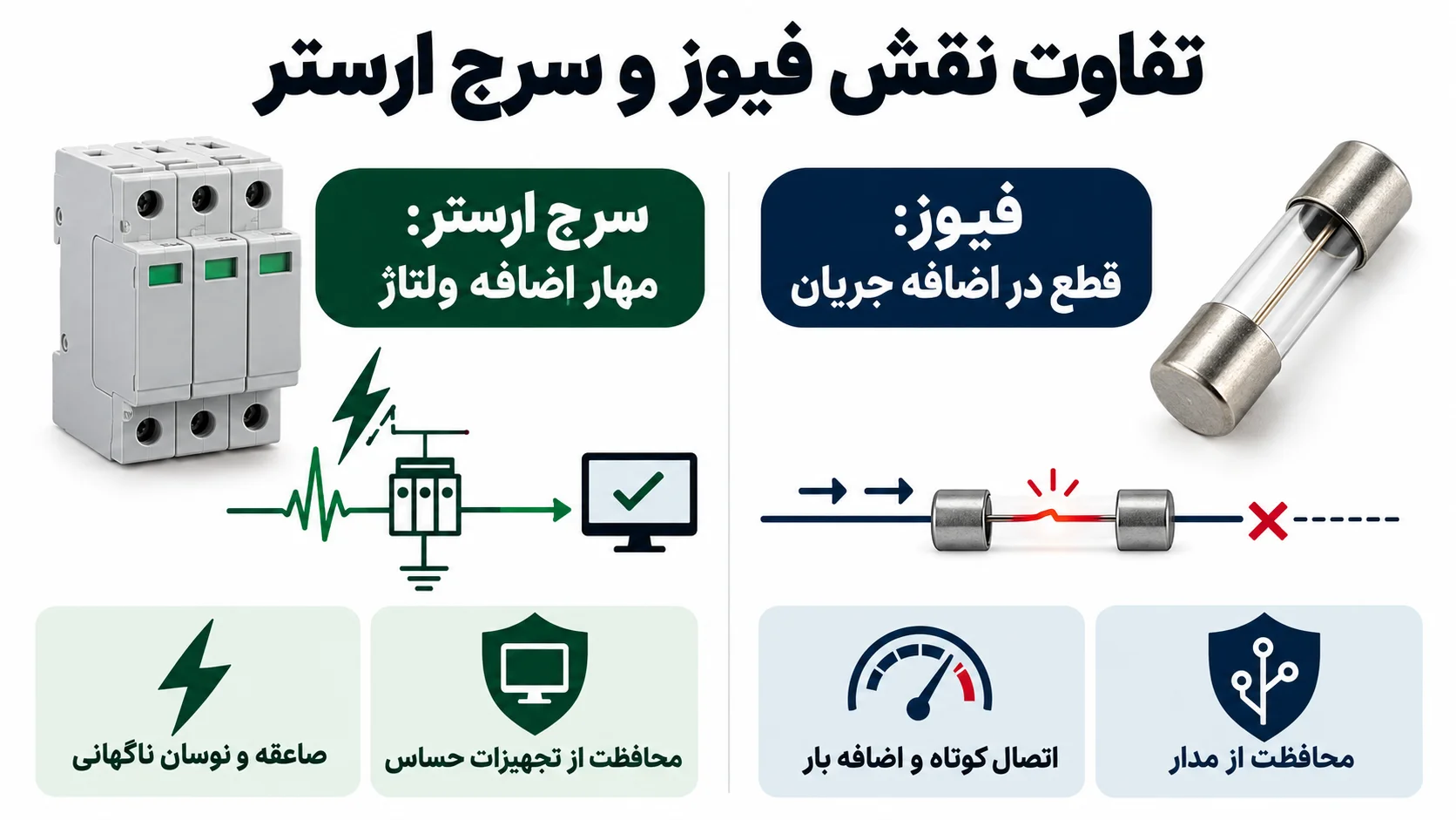 تفاوت نقش فیوز و سرج ارستر